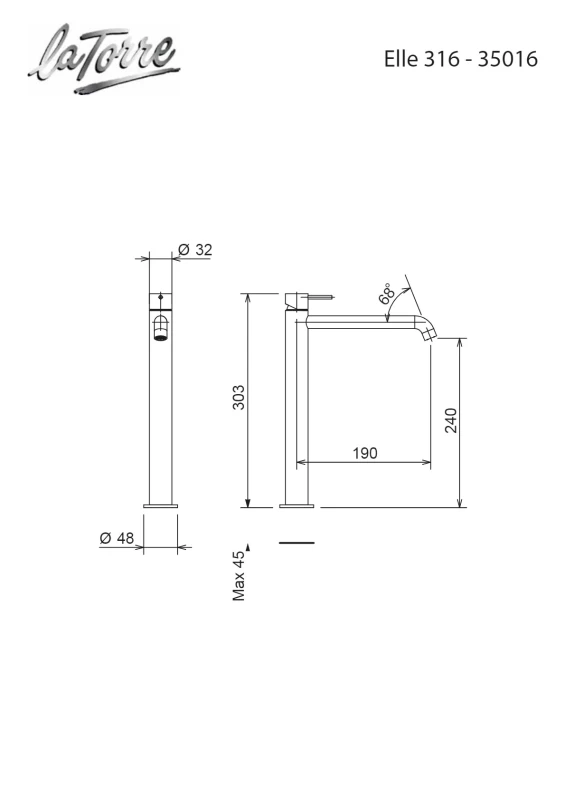 Μπαταρία Νιπτήρος Inox, Ψηλή με Βαλβίδα Clic-Clac | LaTorre Elle Inox 316