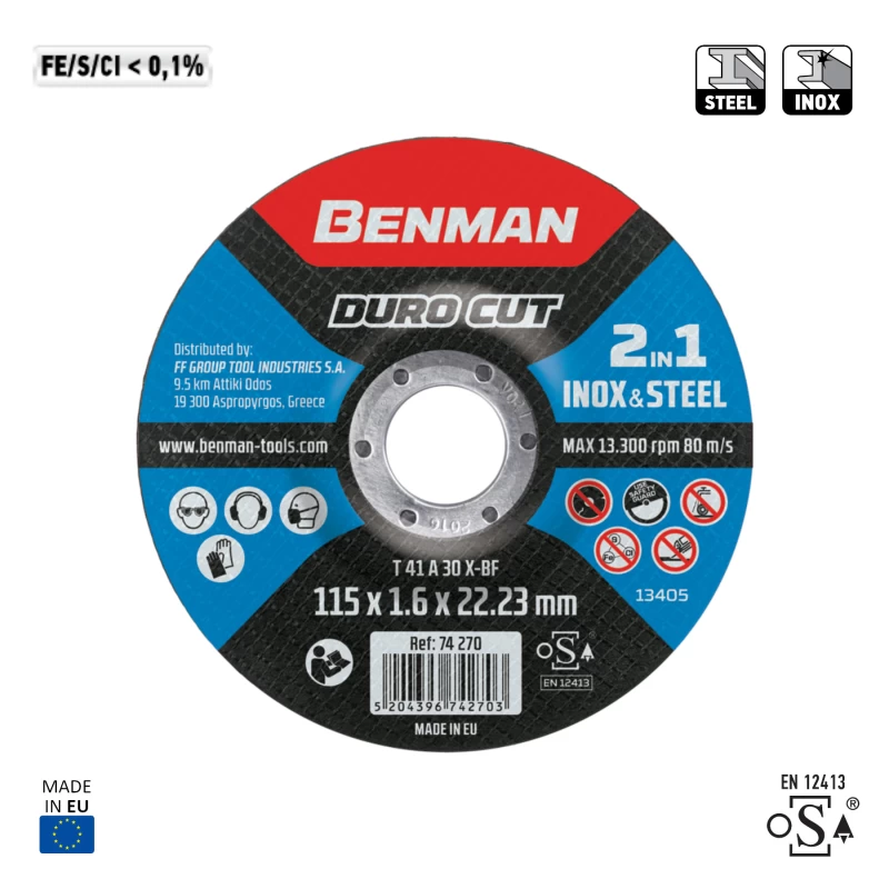 Δίσκος Κοπής για Ανοξείδωτο Ατσάλι και Σίδηρο (115 mm) | Benman Duro Cut